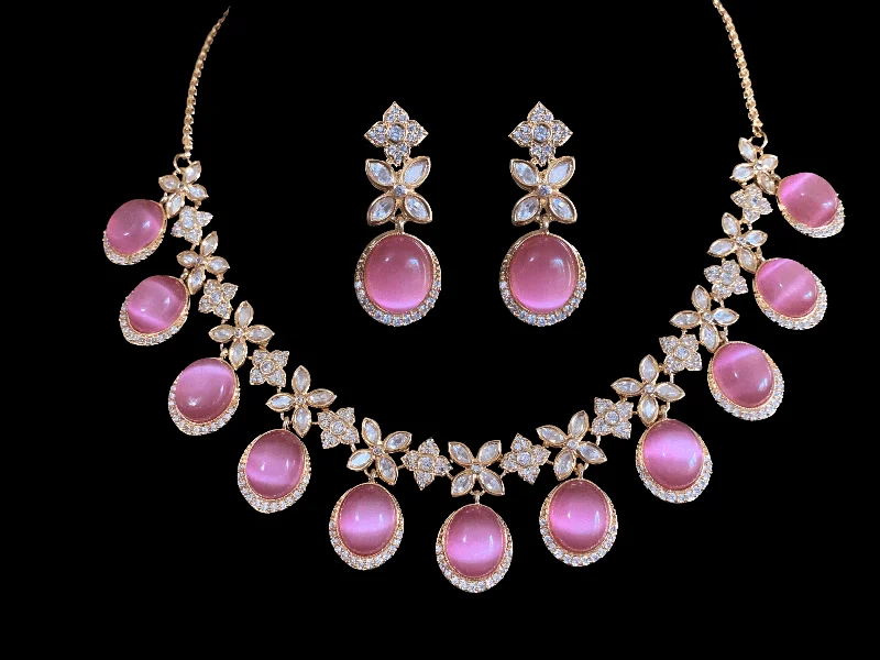 NS347 Gold plated high quality cz polki necklace with earrings - pink   ( READY TO SHIP)