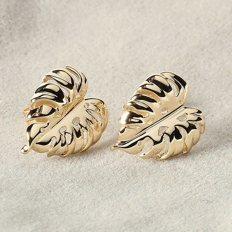 14K Yellow Gold 3D Monstera Leaf Post Earrings