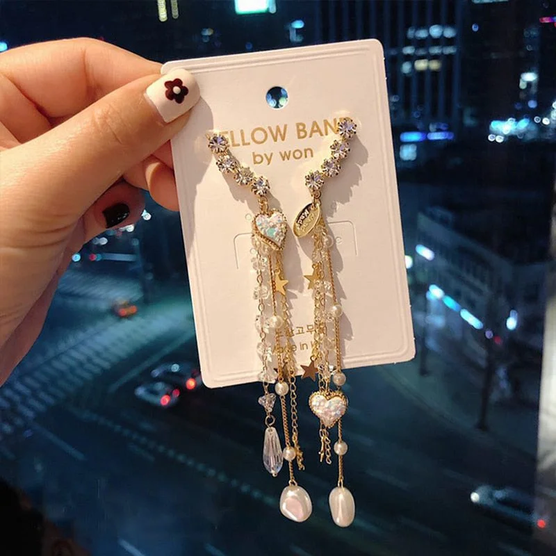 Made in Korea New Shiny Zircon Wing Crystal Tassel Drop Earrings