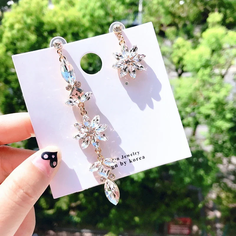 Design by Korean New Party Dangle　earrings Luxury Crystal Flower Asymmetric Drop Earrings