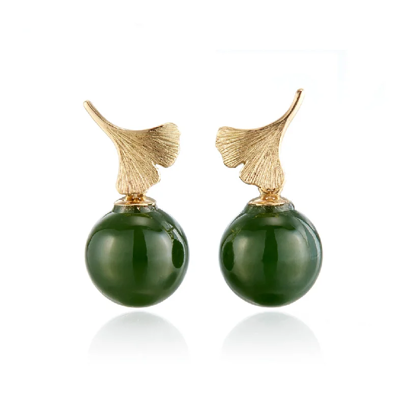 Ginkgo Green Nephrite Jade Drop Earrings