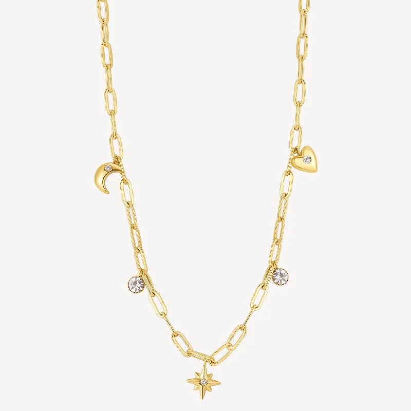 Crystal and Celestial Charm Necklace in Gold Plated Stainless Steel