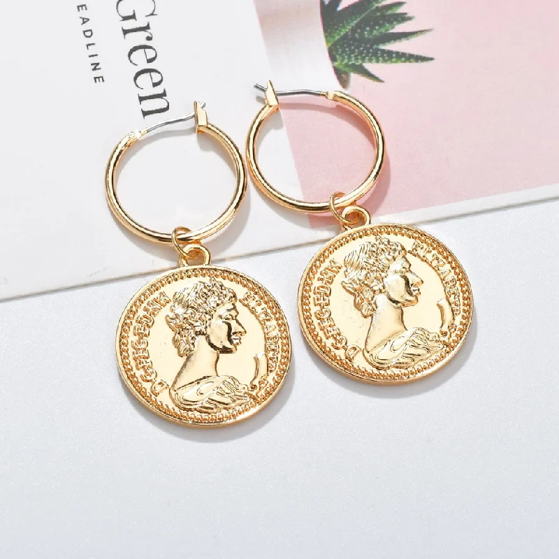 Vintage Trendy Zinc Alloy Coin Portrait Dangle Earrings