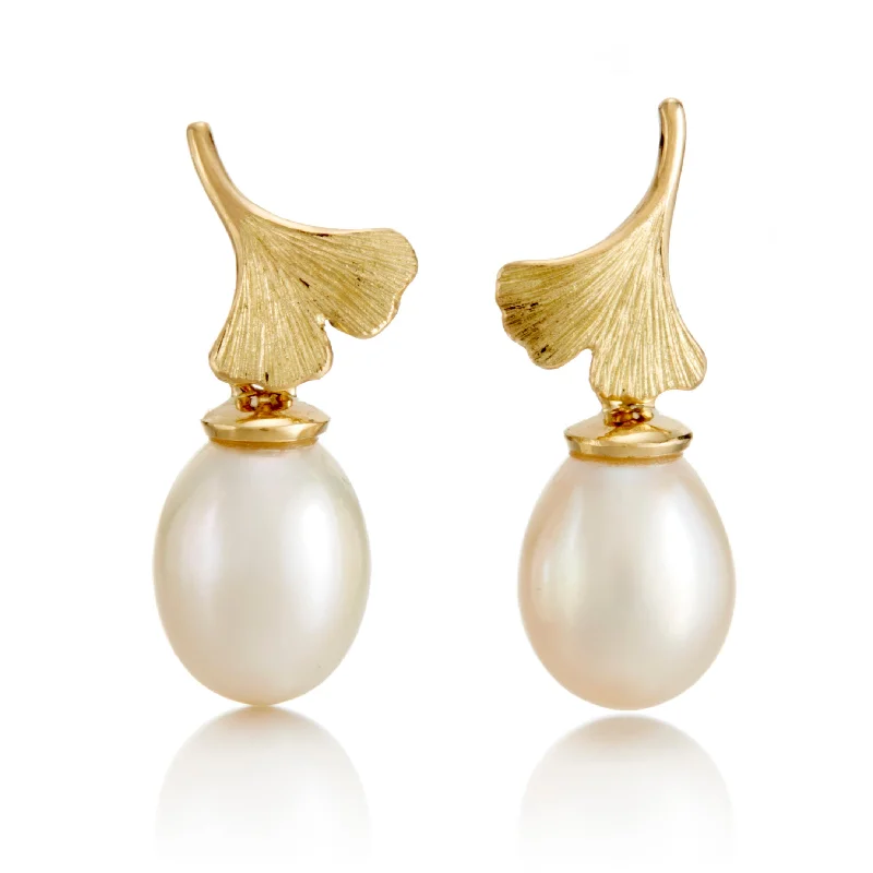 Ginkgo Leaf & White Pearl Drop Earrings