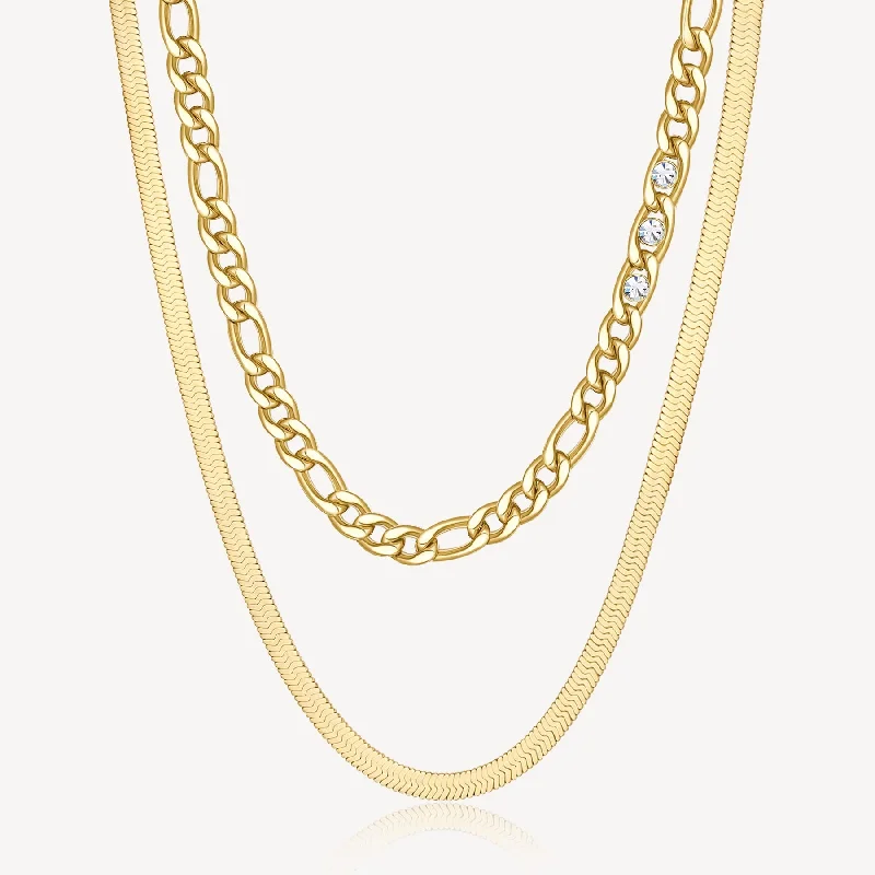 Double-Strand Link Crystal Link and Herringbone Necklace in Gold Plated Stainless Steel