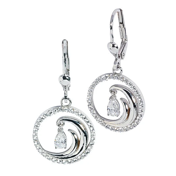 14K White Gold Wave in Paved CZ inlaid Circle Lever Back Earrings