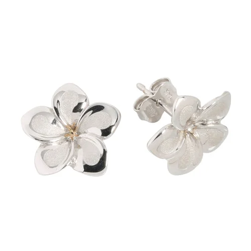 14K White Gold Plumeria Post Earrings Sandblast Polish Edge (XS/S)