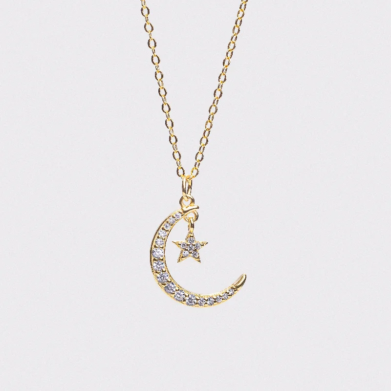 Sterling Silver CZ Moon and Star Necklace