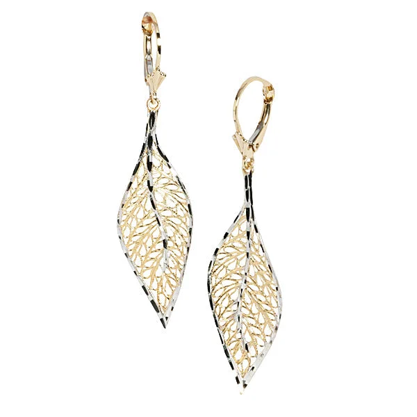 14K Two-Tone Gold (YG/WG) Hollow Leaf Lever Back Earrings