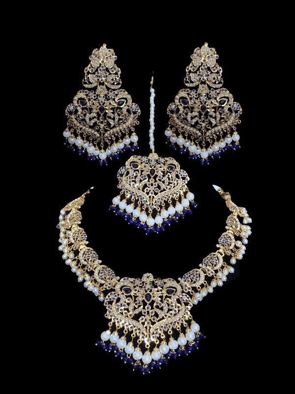 NS209  Neeli jadau pearl necklace with earrings tika in blue (SHIPS IN 4 WEEKS )