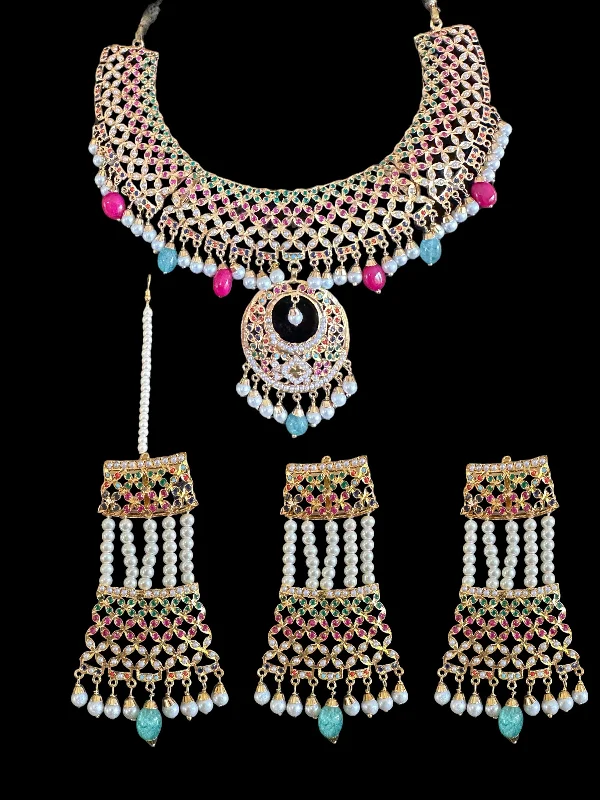 NS517 multicolor jadau  necklace with earrings tika ( READY TO SHIP )