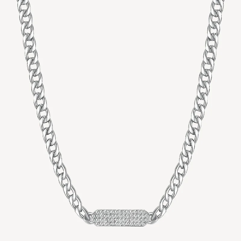 Curb Crystal Bar Necklace in Stainless Steel