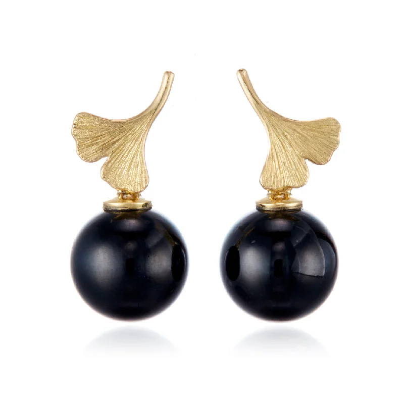 Ginkgo Black Jade Drop Earrings