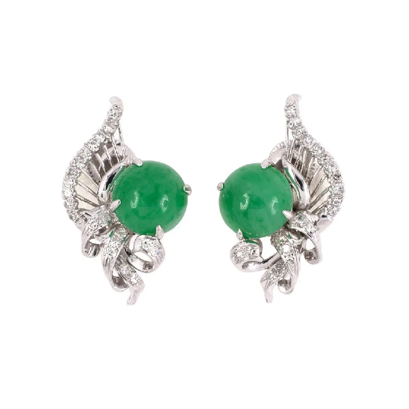 Green Jadeite & Diamond Scroll Clef Earrings