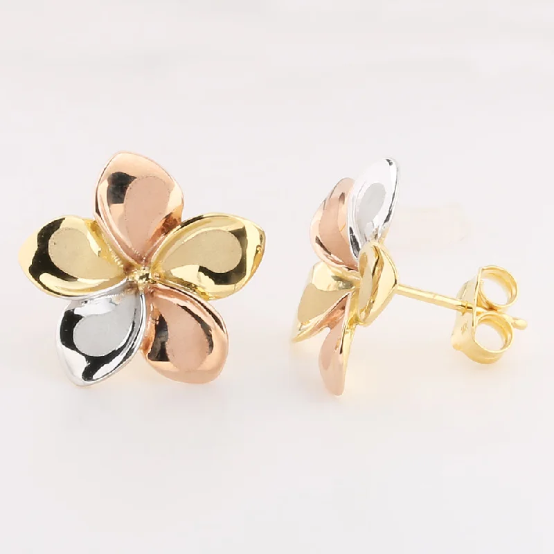 14K Tri-Color Gold Plumeria Post Earrings (6.5-15.5mm)