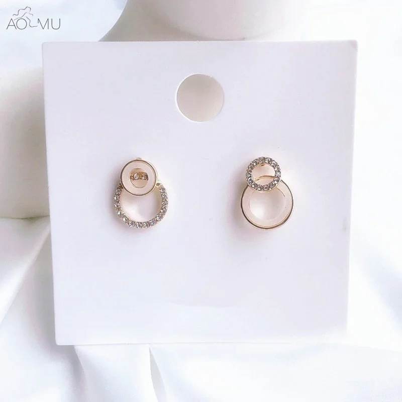 Simple Trend S925 Sterling Silver Pin Metal Rhinestone Double Circle Stud Earrings