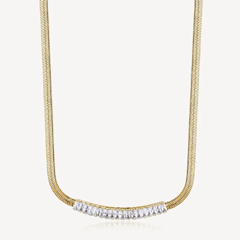 Crystal Herringbone Bib Necklace in Gold Plated Stainless Steel