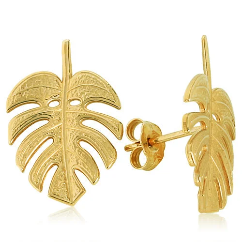 14K Yellow Gold Monstera Leaf Post Earrings