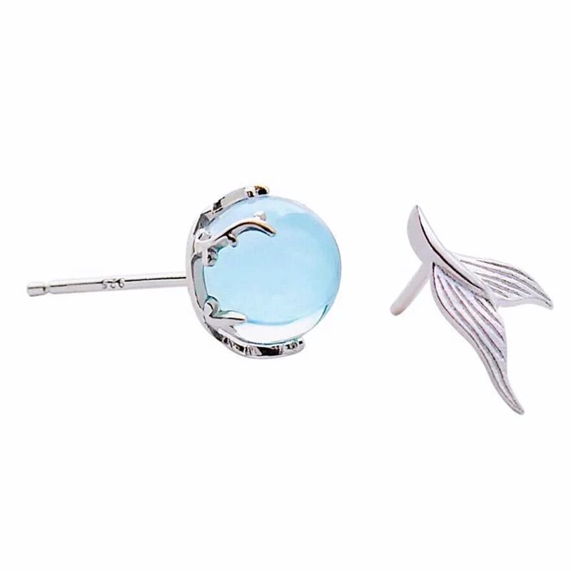 High Quality Crystal Blue Opal Stone Claw Whale Mermaid Tail Eyedrop Stud Earrings