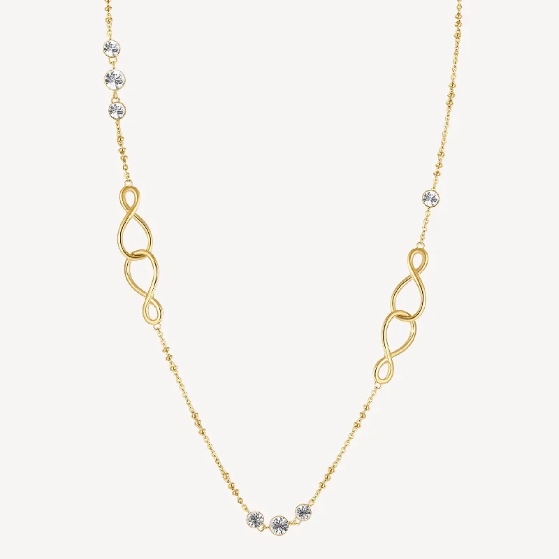 Long Crystal Infinity Linked Necklace in Gold Plated Stainless Steel