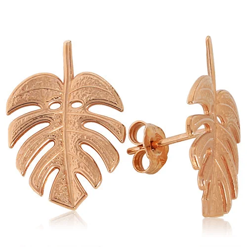 14K Pink Gold Monstera Leaf Post Earrings