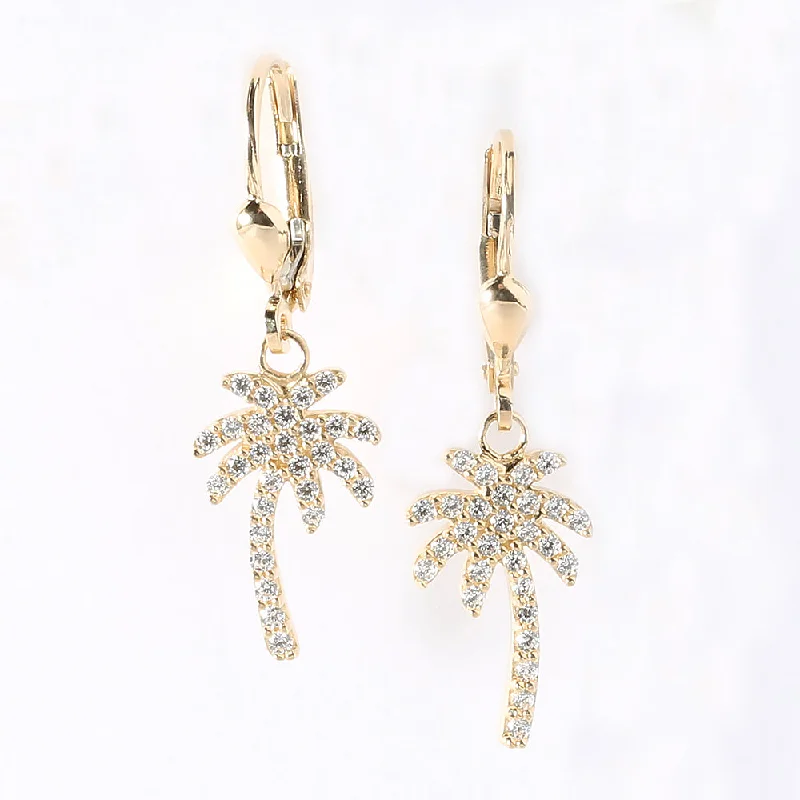 14K Yellow Gold Palm Tree Pave CZ Lever Back Earrings