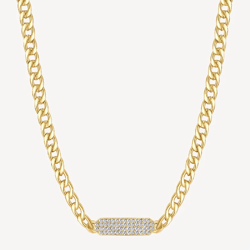 Curb Crystal Bar Necklace in Gold Plated Stainless Steel