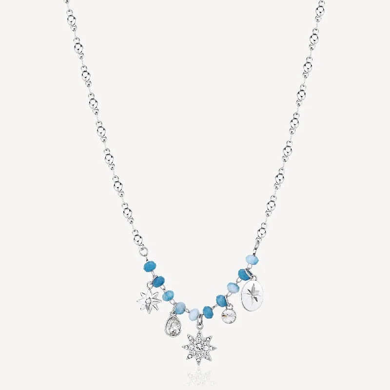 Star Charm, Crystal and Chalcedony Necklace in Stainless Steel