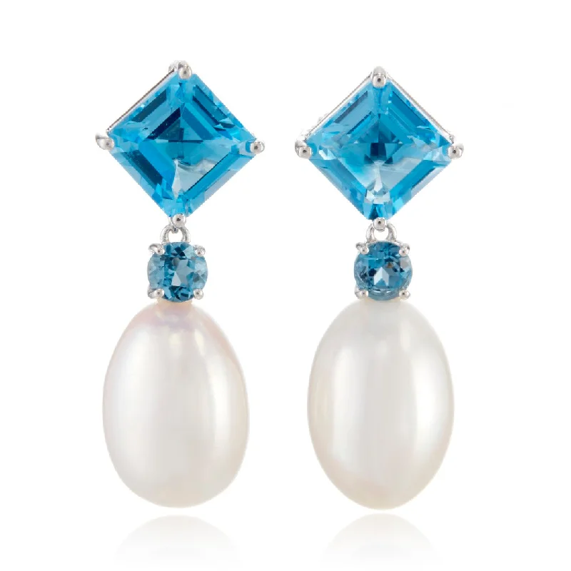 Carmel Drop Earrings in Blue Topaz & Pearls