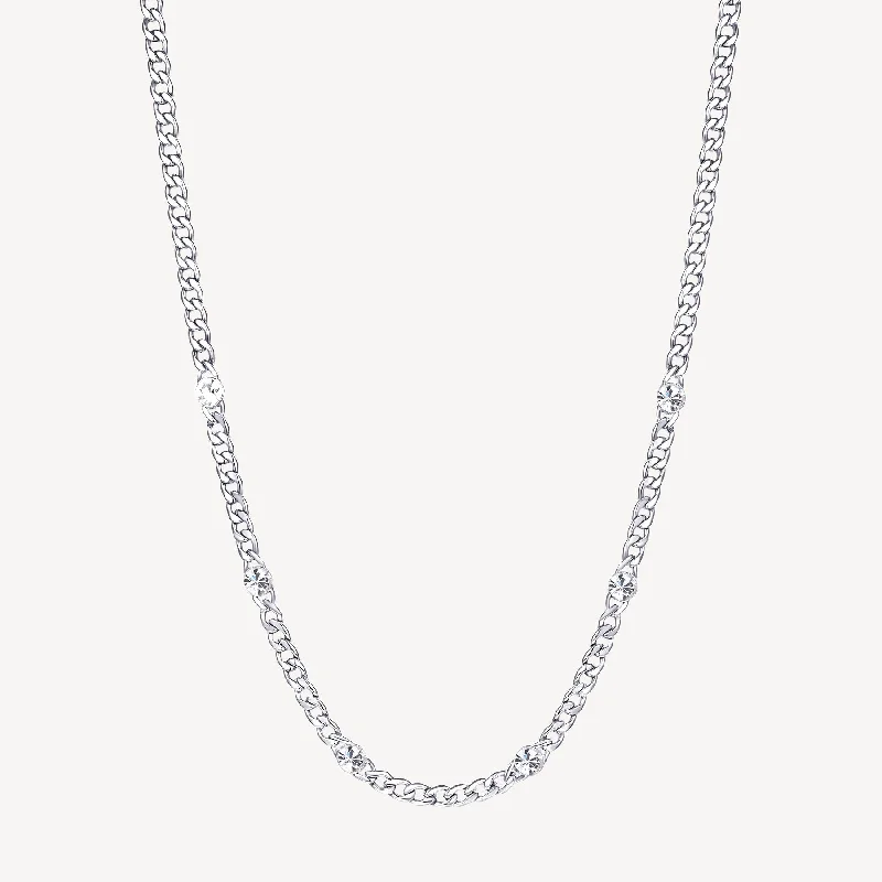 Curb Chain Necklace with Crystal Stations in Stainless Steel