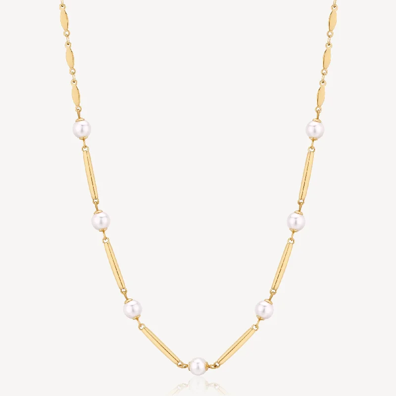 Pearl and Bar Link Necklace in Gold Plated Stainless Steel