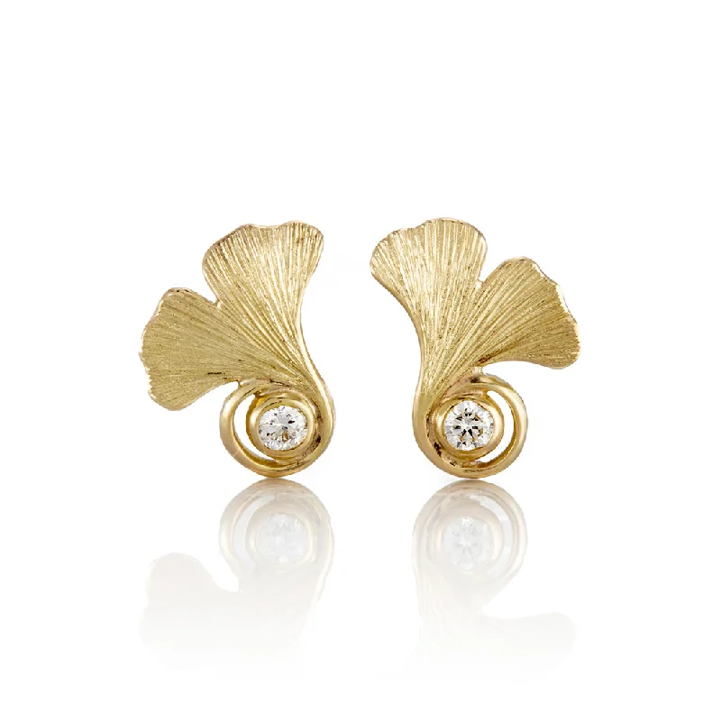 Ginkgo Leaf & Diamond Stud Earrings