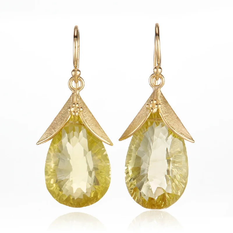 Lemon Quartz Leaf Cap Drop Earrings