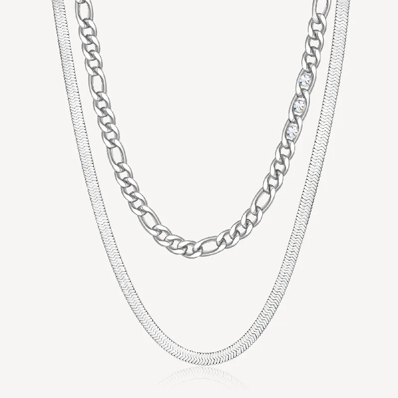 Double-Strand Link Crystal Link and Herringbone Necklace in Stainless Steel