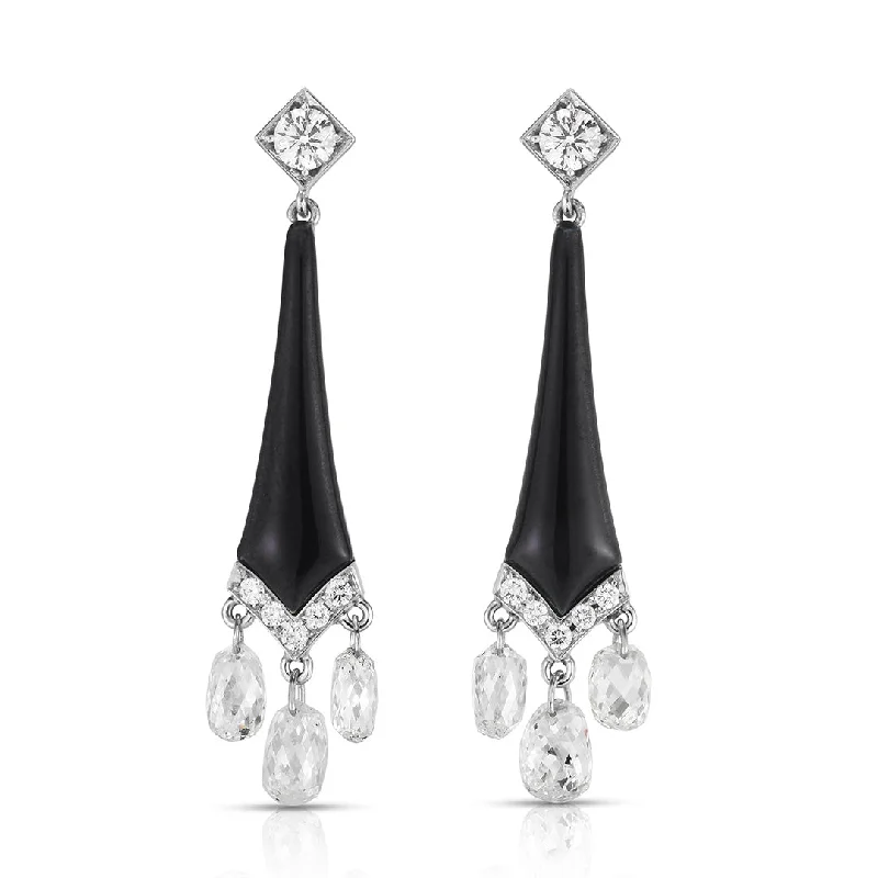 Black Enamel & Briolette Diamond Earrings