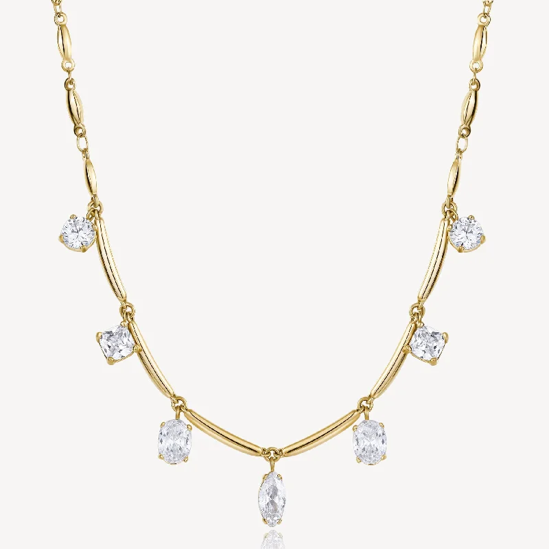 Seven-Stone Cubic Zirconia Station Necklace in Gold Plated Stainless Steel