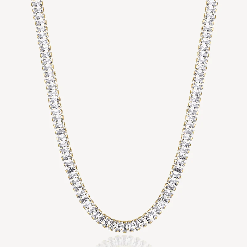 Baguette Cubic Zirconia Tennis Necklace in Gold Plated Stainless Steel