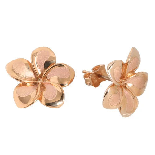 14K Pink Gold Plumeria Post Earrings Sandblast Polish Edge (XS/S/M)