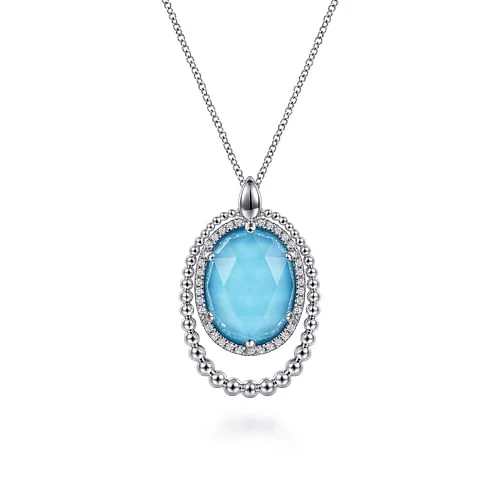 White Sapphire and Rock Crystal and Turquoise Pendant Necklace in Sterling Silver