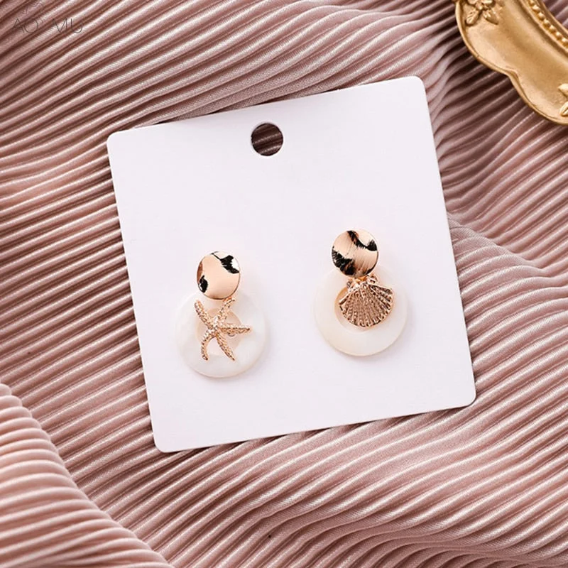 (Beach Vibe/ Summer MUST HAVE) 2019 Korea Asymmetry Gold Metal Starfish Geometric Drop Earrings