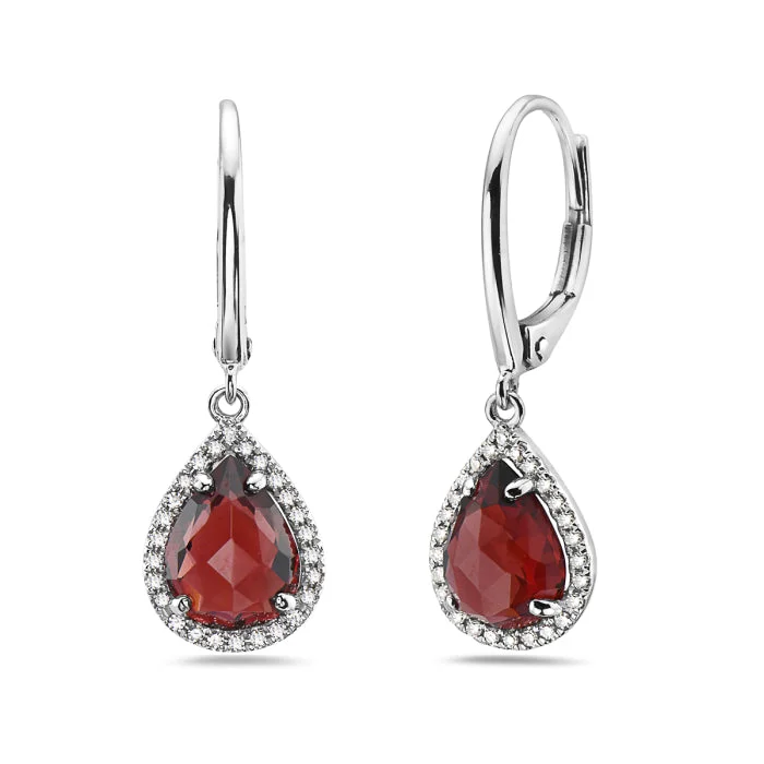 White Gold Garnet and Diamond Halo Earrings