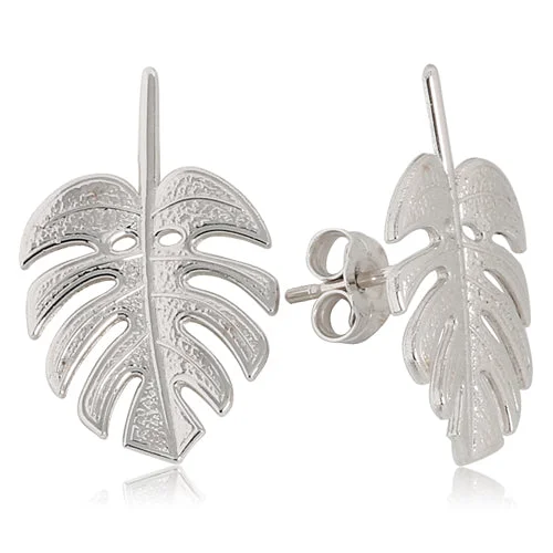 14K White Gold Monstera Leaf Post Earrings