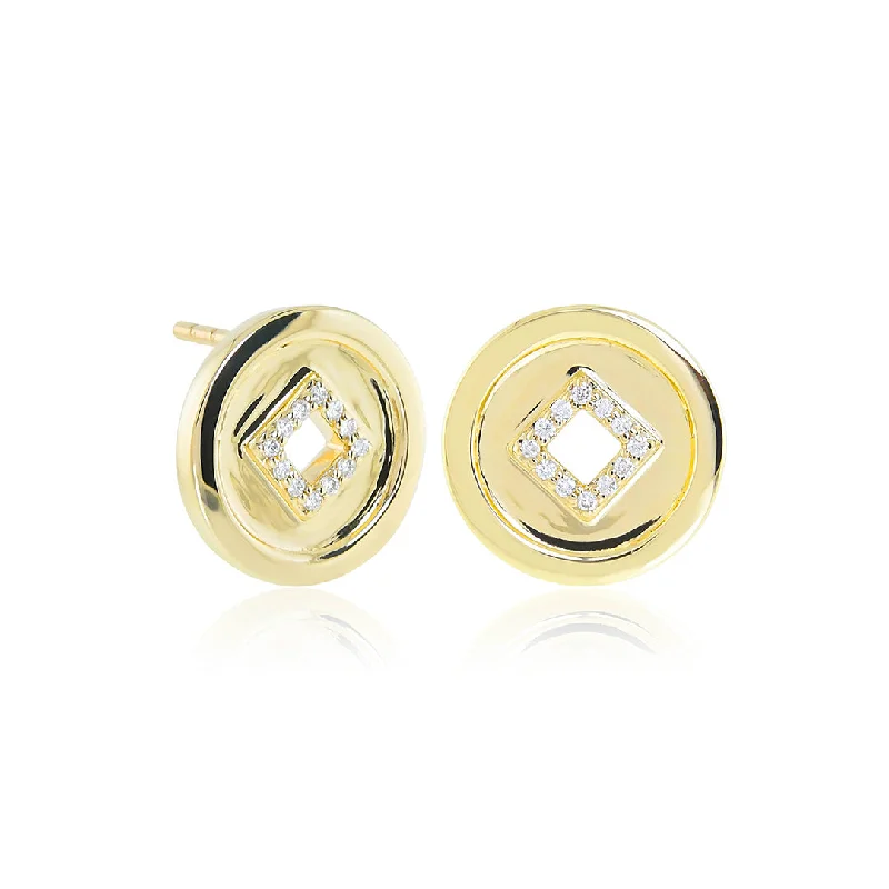 Lucky Coin & Diamond Stud Earrings