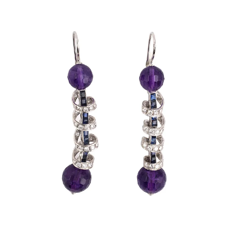 Amethyst, Diamond & Sapphire Barber Pole Dangle Earrings