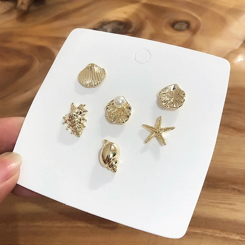 (Beach Vibe/Summer Must) Korean Fashion Pearl Ball Metal Golden Irregular Geometric Conch Shell Starfish Stud Earrings Set